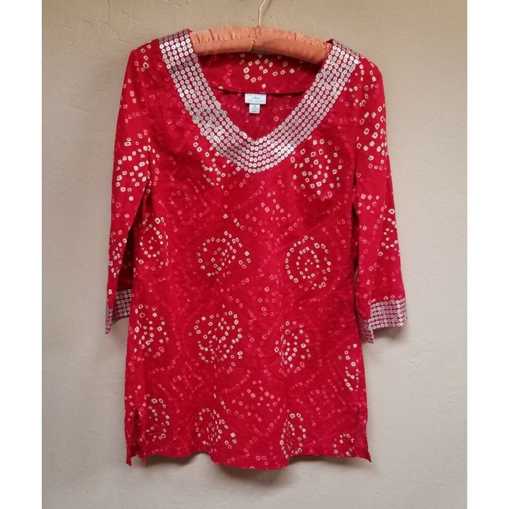 Calypso St. Barth For Target Womens V-Neck Sequin Red Tunic Top XS 3/4 Sleeve